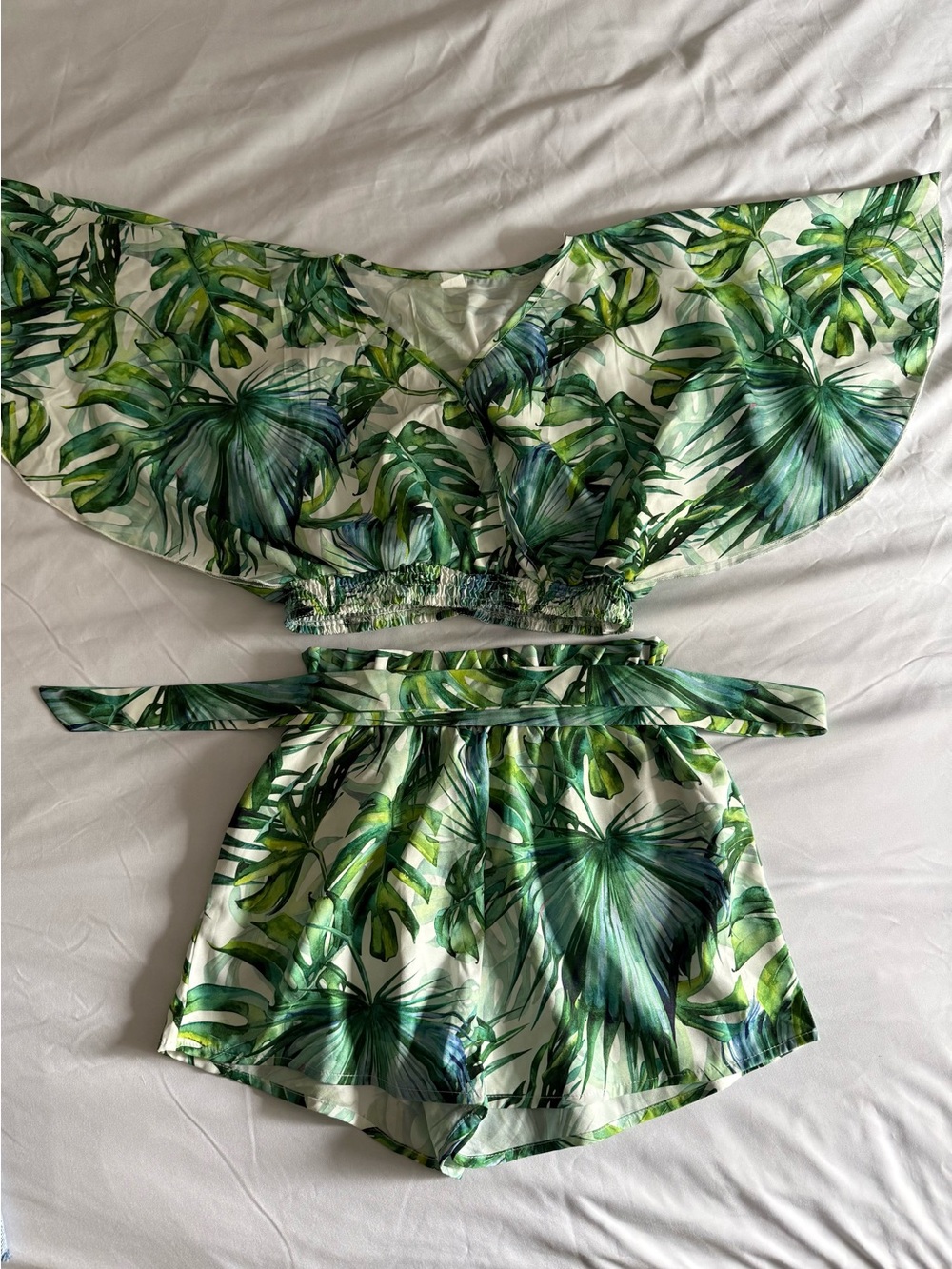 SHEIN White and Green Leaf Print Two-Piece Set